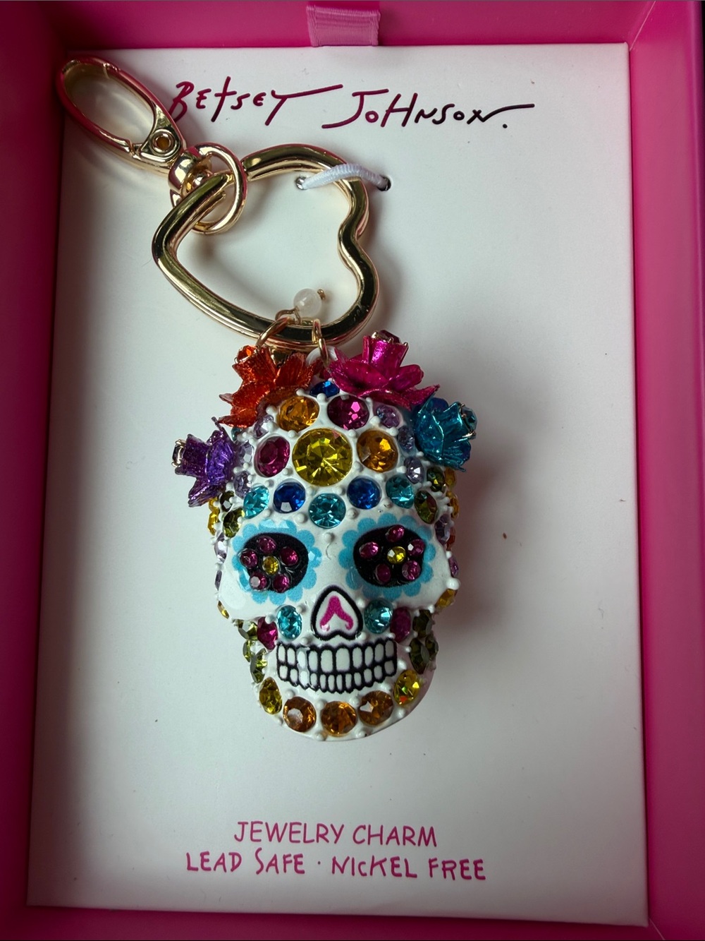 Betsey Johnson White Sugar Skull Keychain with Multicolor Crystals - Picture 1 of 1